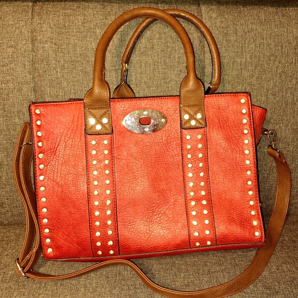 Source Unknown Handbags - Vibrant Red Satchel with Brown Accents and Rhinestone Details